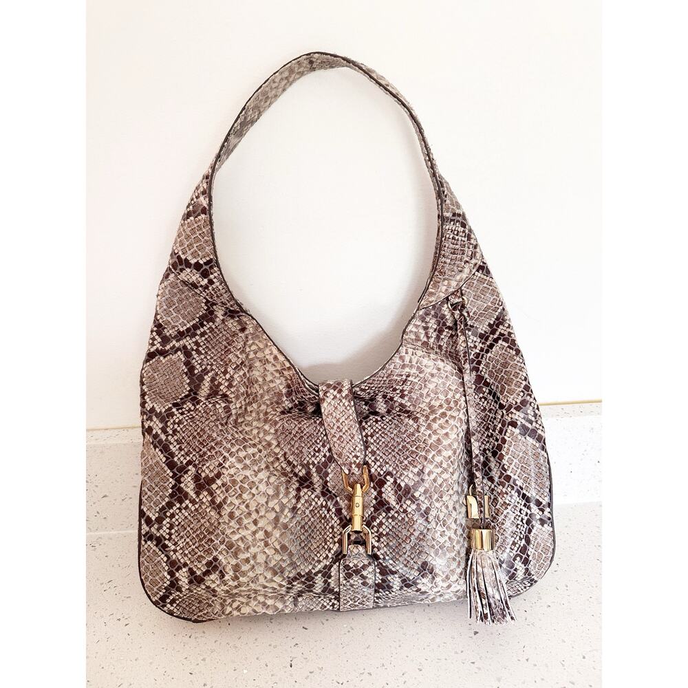 G.I.L.I. Snakeskin Embossed Leather Hobo Shoulder Bag Taupe Gold Tone Hardware
